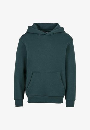 Sötétzöld kapucnis felső, puha anyagból, elülső zsebbel, bordás mandzsettával és húzózsinóros kapucnival. Egyszerű dizájn, minta nélkül.