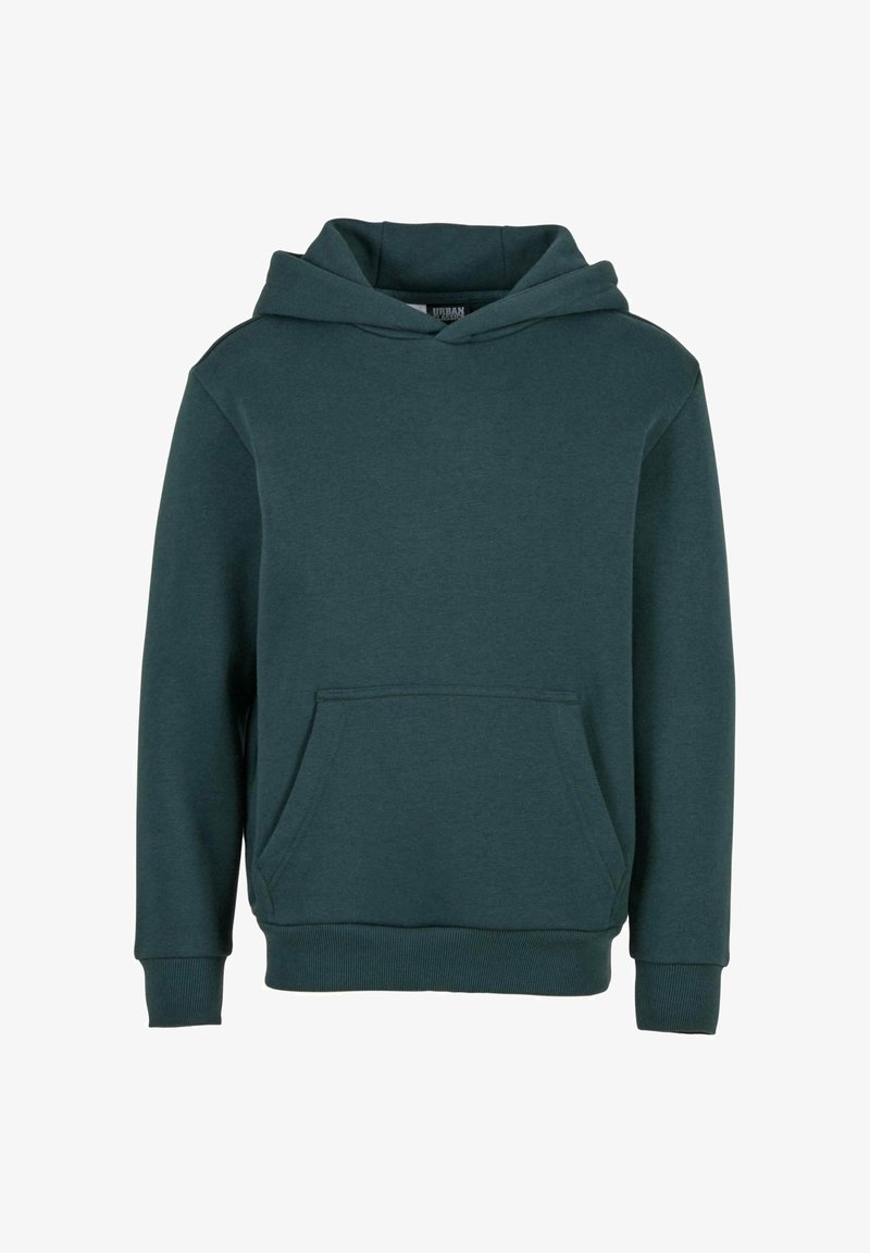 Hoodie vert foncé en tissu doux, avec une poche frontale, des poignets côtelés et une capuche à cordon. Design simple sans motifs.
