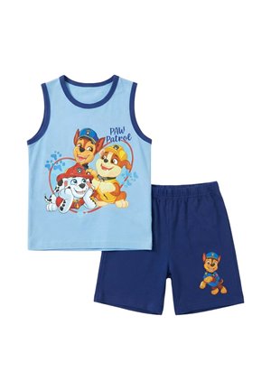 Haut bleu sans manches pour enfants avec des personnages de Pat' Patrouille et un short bleu marine assorti présentant un seul personnage de chien de Pat' Patrouille.