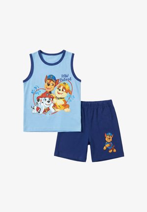 Haut bleu sans manches pour enfants avec des personnages de Pat' Patrouille et un short bleu marine assorti présentant un seul personnage de chien de Pat' Patrouille.