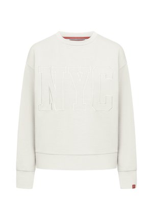 Lichtgrijze sweatshirt met "NYC" geborduurd in grote letters. Heeft een ronde hals en ribgebreide manchetten met een klein logopatch aan de zoom.