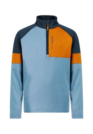 Langarm-Pullover mit halbem Reißverschluss, farblich abgesetzt in Hellblau, Dunkelblau und Orange, mit hohem Kragen und Logo auf der Brust.
