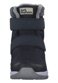 Bottes d'hiver bleu marine avec deux sangles noires réglables, doublure en doux fourrure grise au niveau du col, et semelle en caoutchouc noir. Étiquette de marque visible.