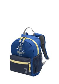 Μπλε και ναυτικό σακίδιο για παιδιά με κίτρινους φερμουάρ, δίχτυνη πλαϊνή τσέπη και γραφικό με σωρό ζώων στο μπροστινό μέρος, με ετικέτα «Jack Wolfskin».