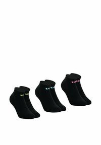 Chaussettes noires de cheville avec des logos colorés en vert citron, bleu clair et rose. Texture lisse, bords côtelés et design classique.