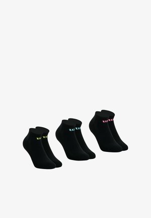 Chaussettes noires de cheville avec des logos colorés en vert citron, bleu clair et rose. Texture lisse, bords côtelés et design classique.