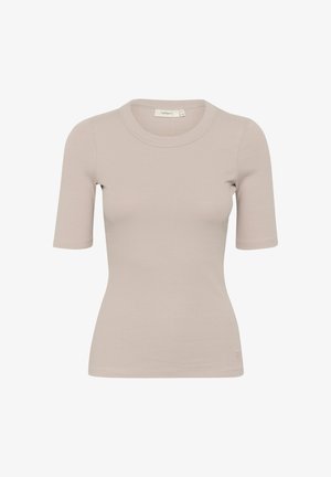 Korte mouw ribbenbeige top met een ronde hals, met een getailleerde pasvorm en subtiele textuur, geschikt voor casual gebruik.