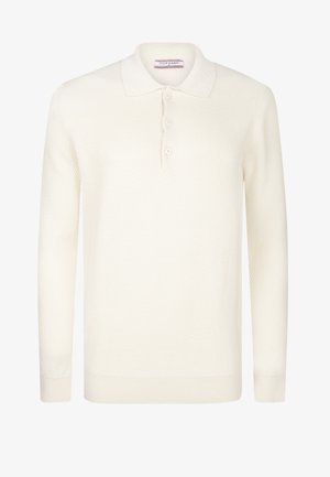 Hellecremefarbene Langarm-Polohemd mit strukturiertem Muster, drei-Knopf-Leiste und gerippten Bündchen und Saum. Etikett sichtbar am Kragen.