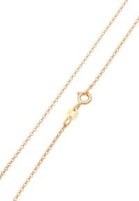 Guldtonet halskæde med en fin kæde og lille rund lås. Har justerbar længde med delikate led og graveret hardware.