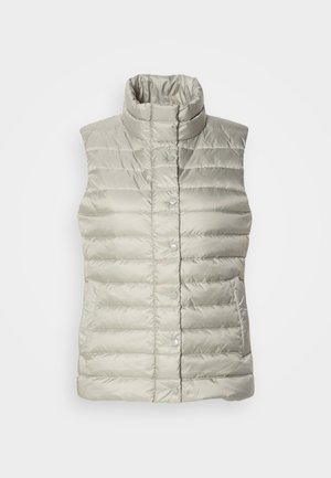 Light gray quilted sleeveless vest with high collar, front snap buttons, and two side pockets, displayed on white background.