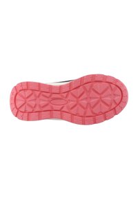 Suela de zapato con una parte inferior de goma rosa texturizada, con un patrón de estrellas para tracción y un borde superior en negro y blanco. Diseño ligero.