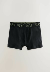 Fekete pamut boxeralsó, zöld rugalmas derékpánttal, amelyen a "Next" márka graffitis stílusban van nyomtatva. Látható flatlock varrások.