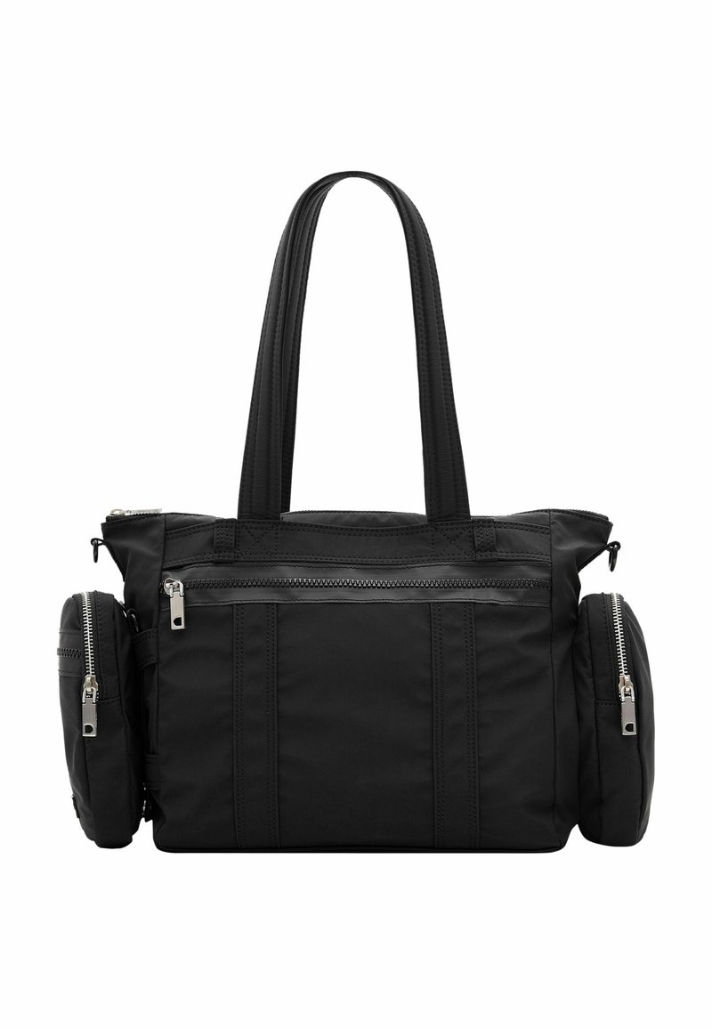 Sac fourre-tout noir avec doubles poignées, poche avant zippée et deux compartiments latéraux arrondis zippés, présenté sur fond blanc.