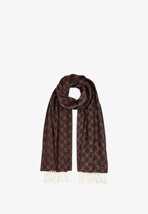 Braun gemusterter Schal aus weichem Material. Mit sich wiederholendem kreisförmigem Muster in Hellgrau und weißen Fransen an den Rändern.