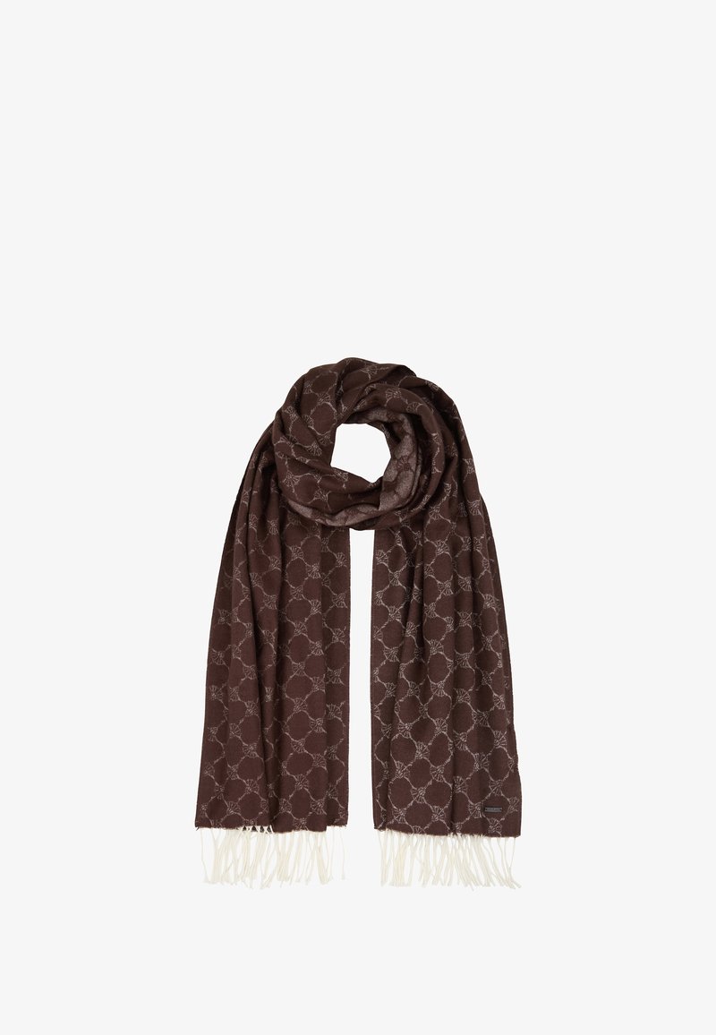 Bruine sjaal met patroon, gemaakt van zacht materiaal. Heeft een herhalend circulair ontwerp in lichtgrijs en witte franjes aan de randen.