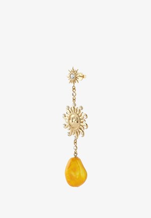 Gold sun-shaped earrings feature a central sun motif with a clear gemstone accent, a hanging yellow stone bead, and small pearl embellishments.