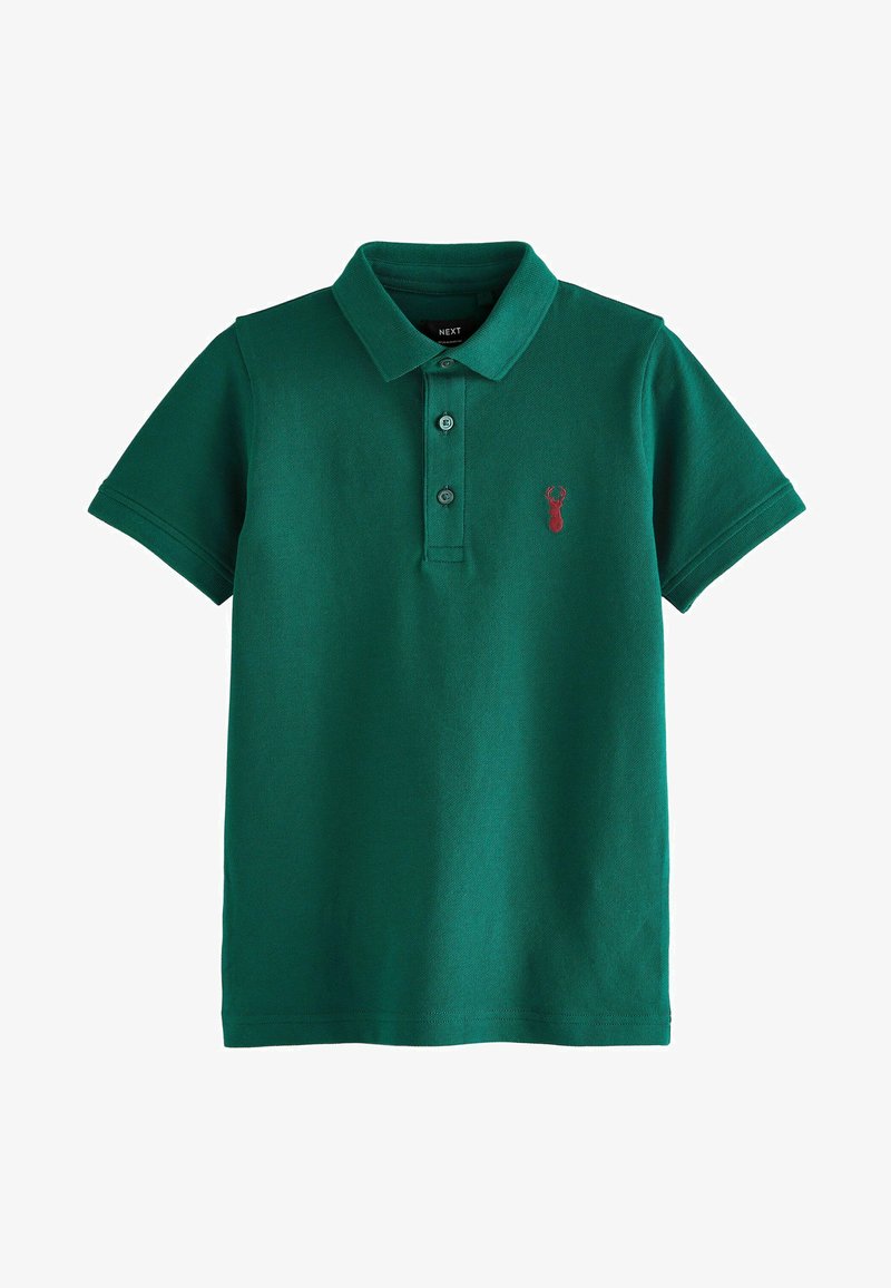 Grön polo-skjorta i strukturerad tyg, med krage, tre knappslå och en liten broderad röd hummer på vänster bröst.