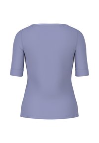 Light lavender short-sleeve top with a round neckline, fitted shape, and rolled cuff details. Smooth, soft fabric with no patterns.