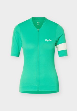 Green short-sleeve cycling jersey with full front zipper, white left arm band, and "Rapha" logo on the chest.