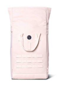 Pink fabric tote bag with a roll-top design, featuring a black clasp, two sturdy handles, and multiple horizontal webbing straps.
