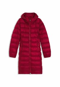 Röd puffjacka med huva, med horisontellt quiltade sektioner, en lång dragkedja och två sidofickor. Slät, blankt tyg.