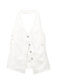 Witte denim vest met een diepe V-hals, drukknopen aan de voorkant en zijzakken. Heeft een getailleerde pasvorm en een licht gestructureerde stof.