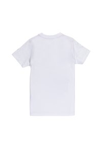T-shirt bianco in cotone, maniche corte, scollo rotondo, design semplice senza pattern o grafiche, texture liscia.