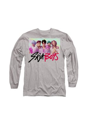 Gray long-sleeve t-shirt featuring an illustrated graphic of five characters; "SAJA BOYS" text in black and red below the graphic.