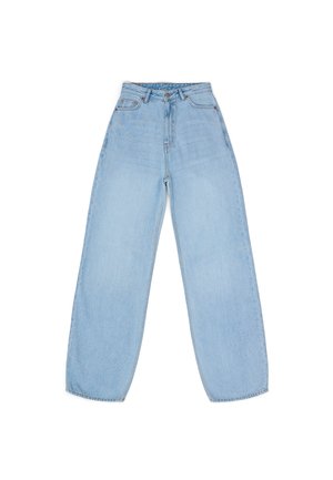 Light blue denim wide-leg jeans featuring a high waist, front pockets, and a simple button closure. Texture is smooth with subtle fading.