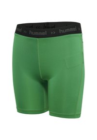 Groene sportshorts van rekbare stof, met een zwarte tailleband met "hummel" branding. Gladde textuur en slim fit ontwerp.