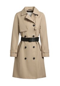 Beige trench coat with double-breasted buttons, black accents, tailored fit, wide lapels, and a belt at the waist. Textured, water-resistant fabric.