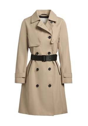 Beige trench coat with double-breasted buttons, black accents, tailored fit, wide lapels, and a waist belt. Textured, water-resistant fabric.
