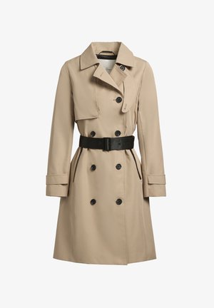 Beige trenchcoat med dobbeltrækker knapper, sorte accenter, skræddersyet pasform, brede revers og et bælte i taljen. Struktureret, vandafvisende stof.