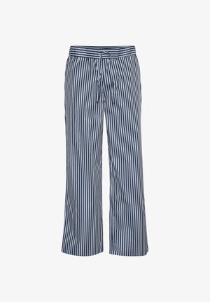 Pasiasto spodnie w granatowo-białe pasy, wykonane z lekkiego materiału, z elastycznym paskiem w talii i szerokimi nogawkami.