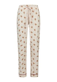 Crèmekleurige pyjamabroek met een patroon van bruine peperkoekmannetjes en kleine stippen, voorzien van een trekkoord in de taille en maroonkleurige zoom.
