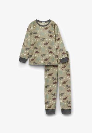 Plyšové pyžamo s potiskem dinosaurů v tlumené zelené barvě, s šedými akcenty. Dlouhý rukáv a kalhoty s elastickými manžetami.