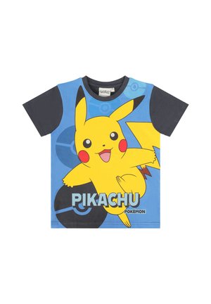 Short-sleeve children's T-shirt with black sleeves and a blue front featuring Pikachu character and "Pikachu Pokémon" text.