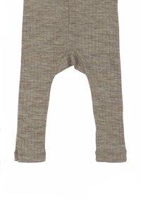 Leggings de canalé marrón claro con un ajuste holgado y dobladillos acampanados, fabricados con un tejido suave que presenta una textura y patrones sutiles.