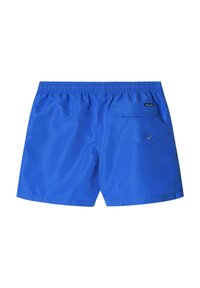 Blauwe zwembroek van lichtgewicht materiaal met een elastische tailleband, achterzak met een drukknoop en schone zomen. Glad textuur.