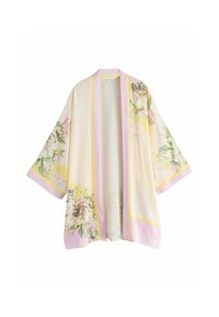 Cvetni lahki kimono s kratkimi rokavi, z pastelnimi rumenimi in roza poudarki, ter kremno ozadje z botaničnimi vzorci.
