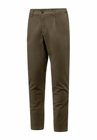Pantaloni in corduroy verde oliva con un design a gamba dritta, dotati di chiusura con bottone e tasche laterali. Il tessuto ha una texture a coste.