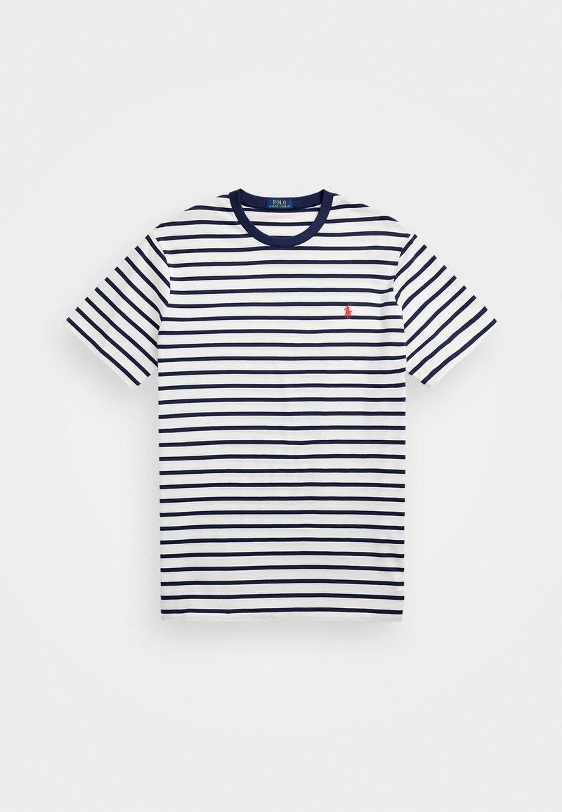 Striped t-shirt in white and navy, short sleeves, crew neck, features a small red logo on the left chest, cotton fabric.