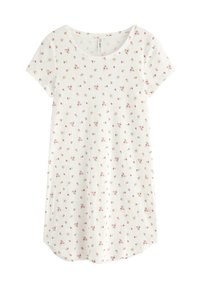 Bílé šaty s krátkými rukávy a kulatým výstřihem, s žebrovanou strukturou a rozptýleným růžovým květinovým potiskem po celé délce. Lem je zakřivený.