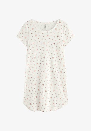 Vestito bianco a maniche corte con scollo a giro, caratterizzato da una trama a coste e stampa floreale rosa sparsa su tutta la superficie. L'orlo è sagomato.