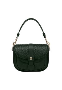 Dunkelgrüne Leder-Schultertasche mit geprägt Muster, goldfarbener Schnalle und Beschlägen sowie einem einzigen Griff oben mit abnehmbaren Schnallen.