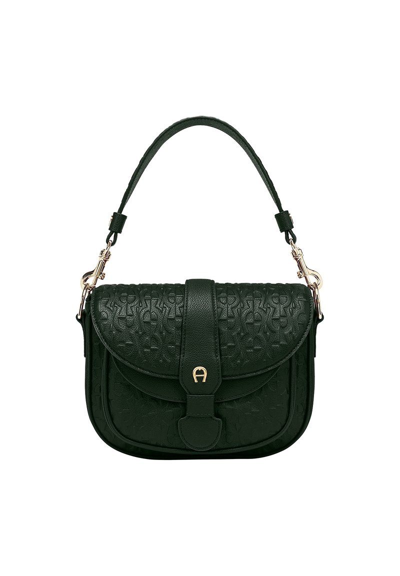 Dunkelgrüne Leder-Schultertasche mit geprägt Muster, goldfarbener Schnalle und Beschlägen sowie einem einzigen Griff oben mit abnehmbaren Schnallen.