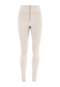 Leggings beige con vita alta e dettaglio con zip verticale sul davanti. Tessuto liscio e vestibilità affusolata per una silhouette elegante.