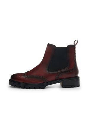 Burgundy leather Chelsea boot with black elastic side panels, detailed brogue pattern, and chunky rubber sole for traction.