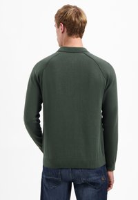 Groene langemouwen trui met kraag, gladde textuur, geribbelde zoom en raglanmouwen. Draag met blauwe spijkerbroek, gezien vanaf de achterkant.