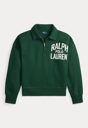 Sweatshirt verde com colarinho de meia-zíper, apresentando texto branco "RALPH LAUREN" e "POLO" do lado esquerdo. Tecido macio, ajuste descontraído.